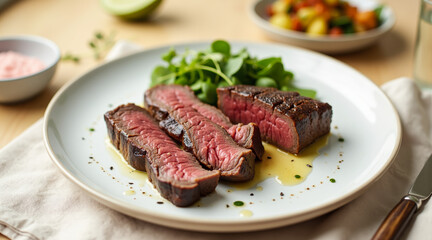 Close-up of sliced ribeye in warm light with ceramic plate and wooden tabletop