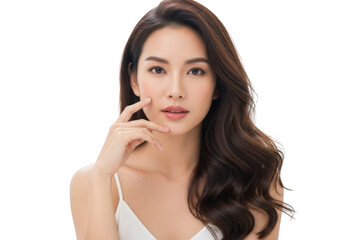 Beautiful young woman with long wavy brown hair touching her chin, isolated on transparent background