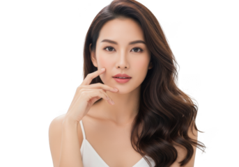 Beautiful young woman with long wavy brown hair touching her chin, isolated on transparent background