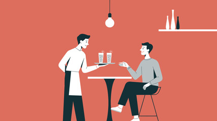Happy Customers Featuring a Waiter Serving Drinks in a Modern Restaurant