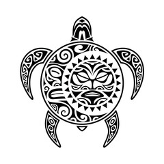 Black and white tribal vector of a Maori-style turtle with a sun face mask and moon on its shell. Ideal for tattoos, t-shirt prints, stickers, logos, or ethnic design projects. Symbolic artwork