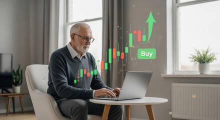 Senior Man Engaged in Online Stock Trading with Laptop, Analyzing Market Trends and Investment Opportunities with Bullish Chart Overlay in a Home Setting