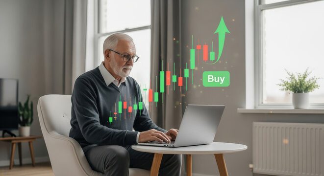 Senior Man Engaged in Online Stock Trading with Laptop, Analyzing Market Trends and Investment Opportunities with Bullish Chart Overlay in a Home Setting