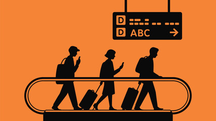 Modern Passengers Silhouette with Luggage on Escalator at Airport Terminal Sign