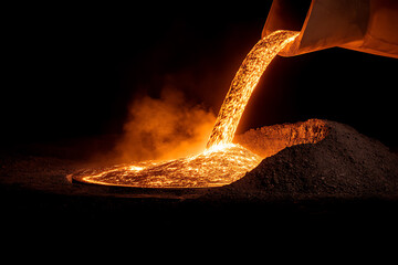 Molten material flows intensely, cascading into a pool of glowing liquid, set against a dark backdrop, illuminating a mound of solid material.