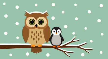 Charming cartoon owl and penguin friends perched together on a snowy winter branch. © goesti