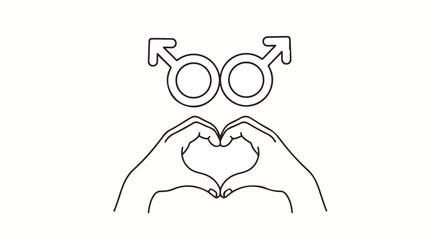 Minimalist line art of two male symbols and hands making a heart gesture for gay love.