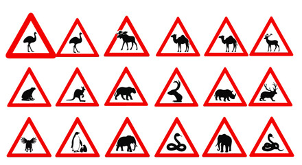 A collection of red triangular animal warning road signs featuring diverse black silhouettes of wildlife like elephants, kangaroos, moose, and penguins.