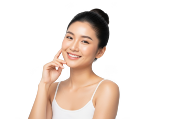 Happy young asian woman smiling and touching her chin with her finger, isolated on transparent background