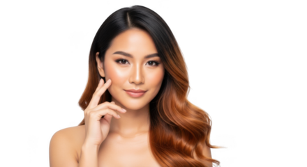 Beautiful young woman with long wavy brown hair touching her face, isolated on transparent background