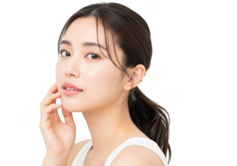 Beautiful young asian woman with perfect skin and gentle expression, isolated on transparent background