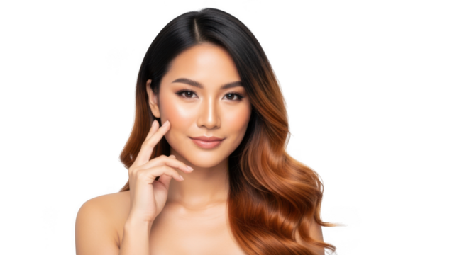 Beautiful young woman with long wavy brown hair touching her face, isolated on transparent background