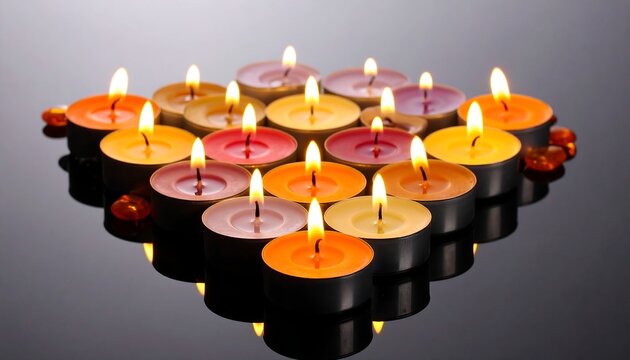 Colorful tea light candles arranged in a heart shape on a dark surface