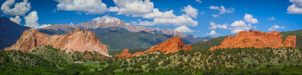 Panoramic view of Garden of the Gods with Pike's Peak in the background outside Colorado Springs, Colorado