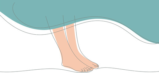 Minimalist Line Drawing of Bare Feet with Turquoise Fabric in an Isolated Style