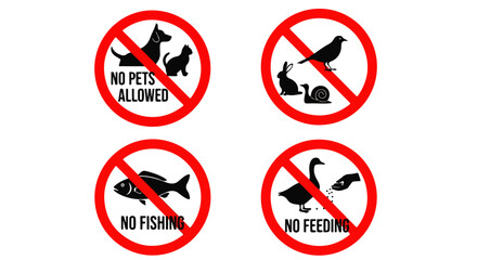 Set of four red circular prohibition signs with black animal silhouettes and warning text.