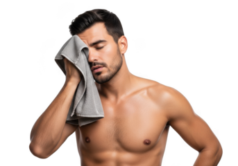 Handsome man wiping sweat from his face with a towel, isolated on transparent background