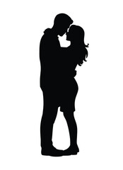 silhouette of romantic couple in close embrace, man holding woman’s waist and woman wrapping arms around neck, love and intimacy concept
