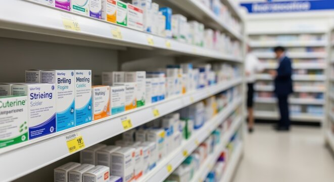 Focus on pharmaceutical product labels displayed in a neat orderly arrangement along a pharmacy aisle.