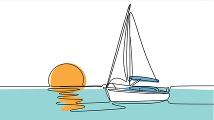 Minimalist Line Drawing of a Sailboat at Sea with a Vibrant Sun, Isolated