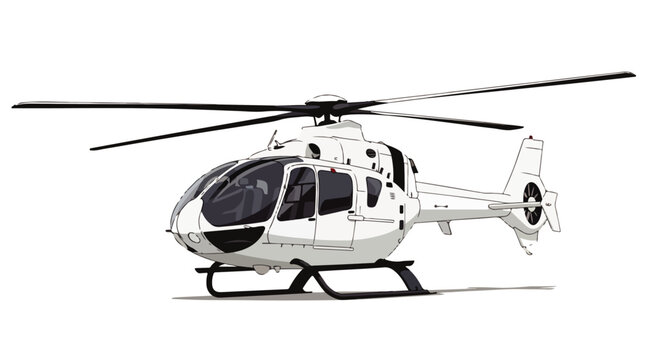 A modern white helicopter with black rotors and a fenestron tail rotor, shown in a detailed vector illustration.