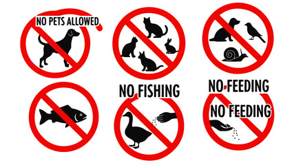 Set of red prohibition signs for animals, including no pets, no fishing, and no feeding rules.