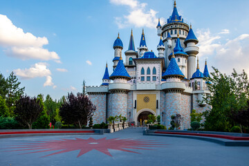 Majestic Fairytale Castle located in Sazova Science, Culture and Art Park, Eskişehir. A magical structure with blue towers, ideal for fantasy, travel, and architecture-themed visuals. Eskişehir Turkey