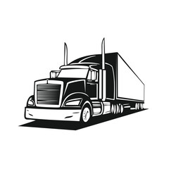 Heavy duty semi truck with a cargo trailer, black and white vector icon