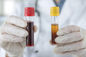 Blood Sample Analysis: Close-up of lab technician holding two vials with red and yellow caps containing blood for diagnostic medical research.