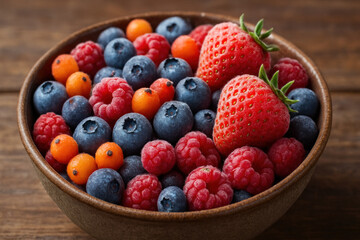 Bowl of mixed berries and blueberries.