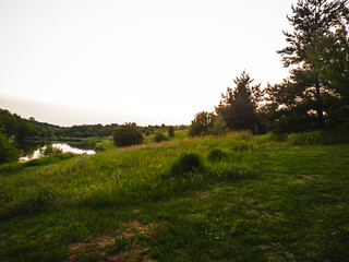 Beautiful summer landscape: green field, lake and trees at sunset. Ideal for relaxation and nature.