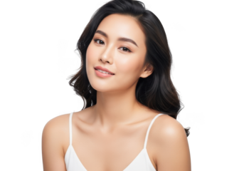 Attractive young asian woman with flowing dark hair and a soft smile, isolated on transparent background