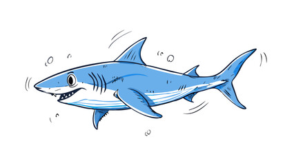 Obraz premium Colored vector illustration of a cartoon blue shark swimming with sketchy lines, symbolizing aquatic life, ocean, and marine creatures, isolated on a transparent background