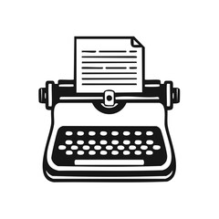 Vintage manual typewriter with a paper document simple black and white vector icon for writing and journalism
