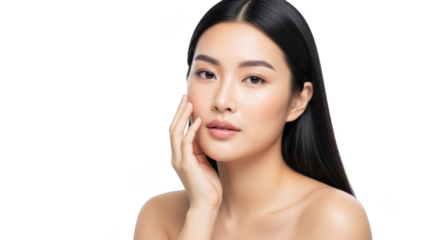 Closeup portrait of a beautiful young asian woman with long dark hair touching her face, isolated on transparent background