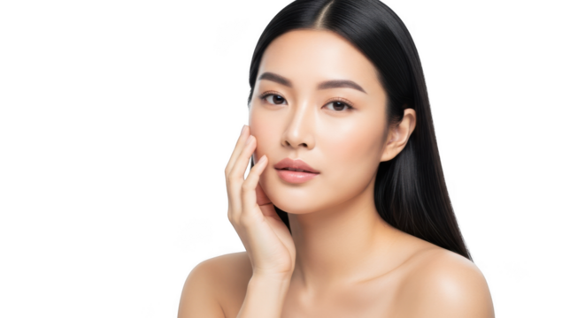 Closeup portrait of a beautiful young asian woman with long dark hair touching her face, isolated on transparent background
