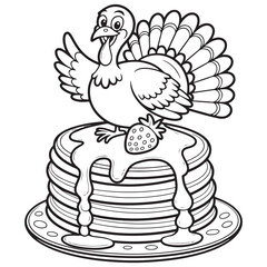 Silly Thanksgiving Turkey Stacked on Pancakes with Syrup - Funny Cartoon Line Art for Holiday Coloring Fun