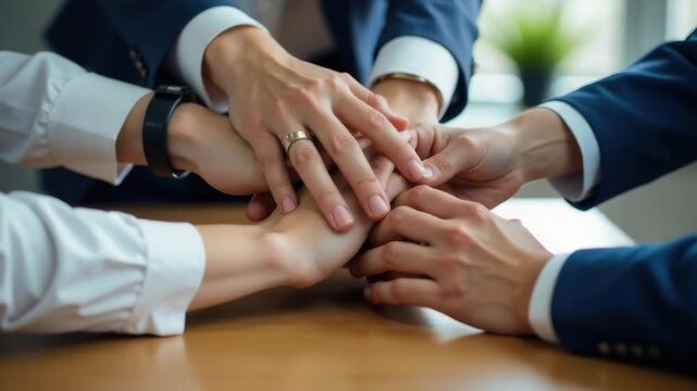 A group of people forming a unity by placing their hands together, suggesting cooperation and solidarity