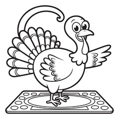 Whimsical Turkey Dancing on a Pie Tray - Thanksgiving Cartoon Line Art for Fun Autumn Coloring Pages