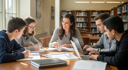 A group of focused students collaborates with a teacher in a bright library, using laptops and books for learning. Perfect for education, teamwork, and academic themes.