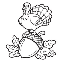 Thanksgiving Turkey Balancing on a Harvest Cornucopia - Funny Cartoon Line Drawing for Autumn Coloring Pages