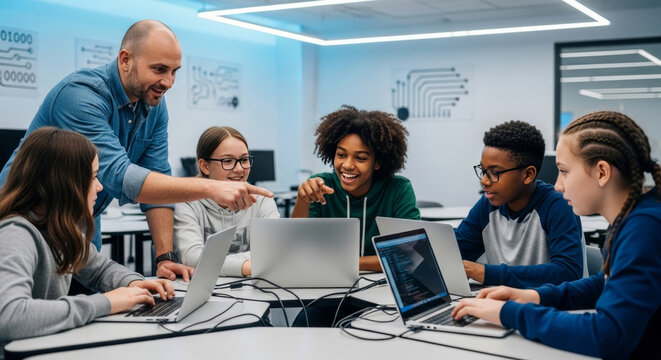 A group of enthusiastic students learns coding with a teacher in a modern classroom, using laptops. Ideal for education, technology, and teamwork themes.