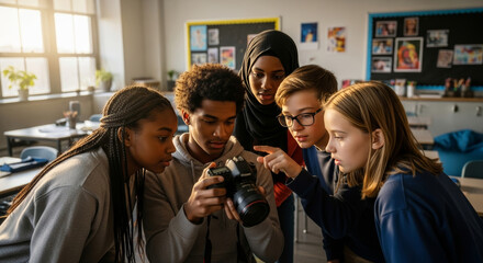 A diverse group of young students gathers around a camera in a brightly lit classroom, intently looking at the screen. 