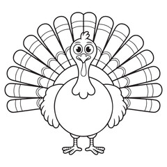 Simple Happy Thanksgiving Turkey Cartoon Standing Proudly - Easy Line Art for Kids Coloring Projects