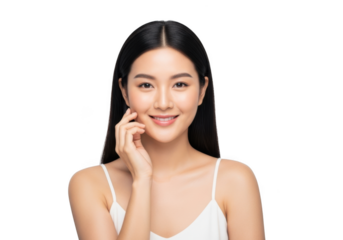 Beautiful young asian woman with healthy skin touching her face, isolated on transparent background