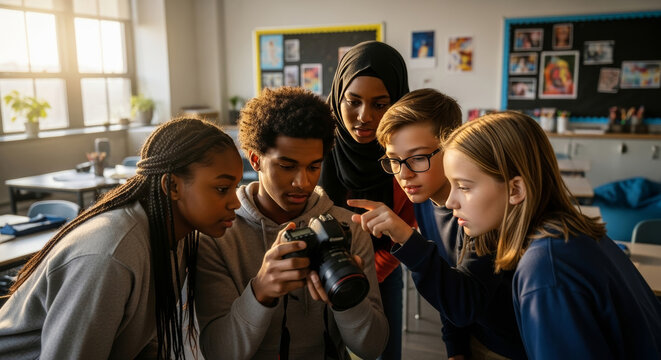 A diverse group of young students gathers around a camera in a brightly lit classroom, intently looking at the screen. 