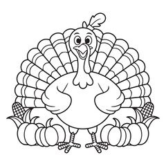 Plump Thanksgiving Turkey Cartoon with Corn in Harvest Scene - Playful Line Drawing for Kids Coloring Page