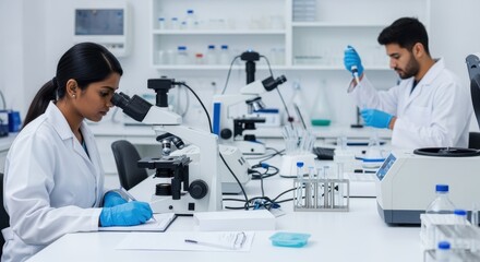 Two scientists wearing lab coats are working in a modern laboratory, using microscopes, taking notes, and performing experiments with test tubes and other equipment