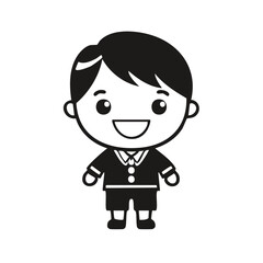 Black and white cartoon boy in a suit, smiling happily, isolated graphic design