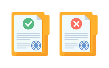 A flat design illustration of two approved ans rejected documents in orange folders against a white background.
